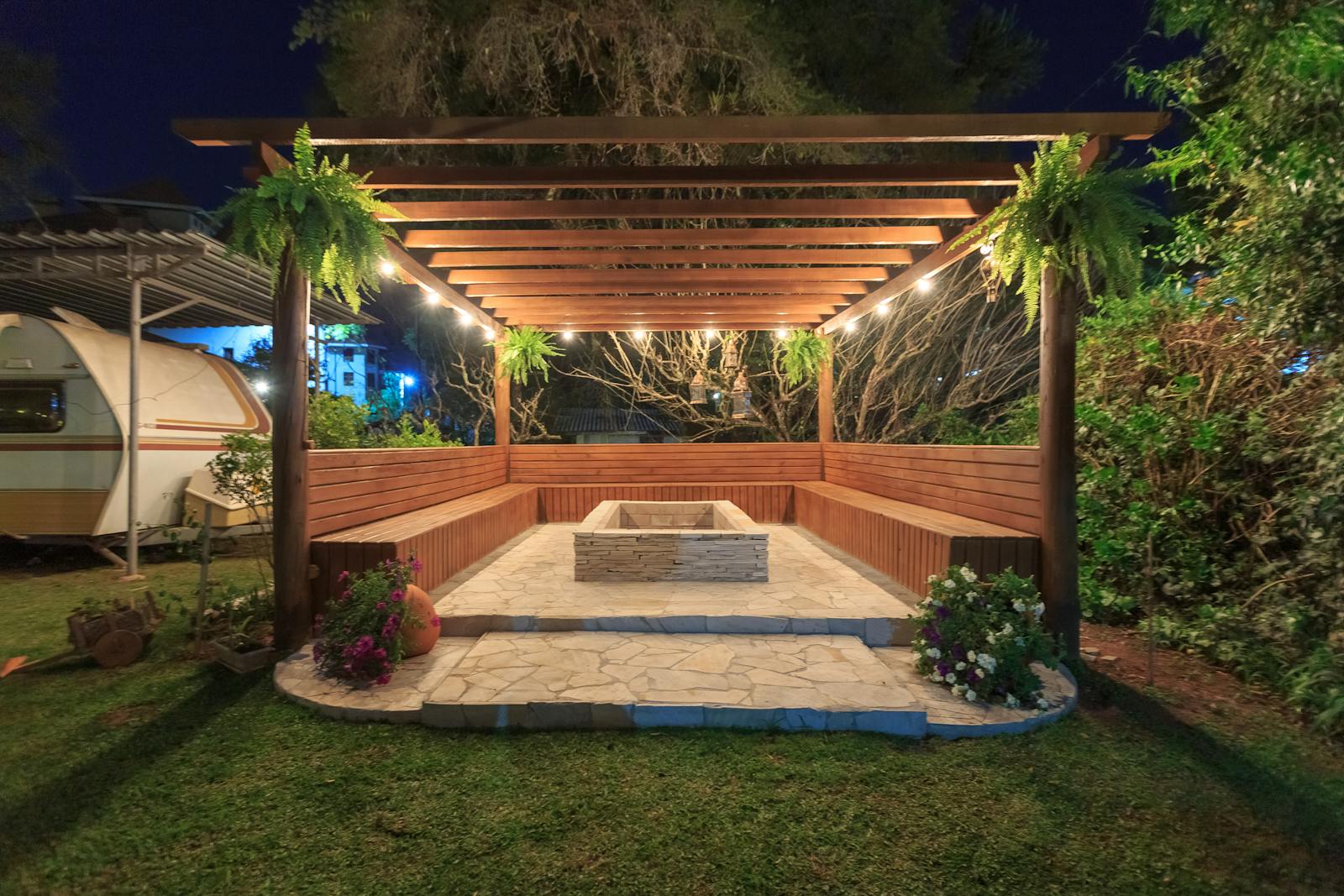 Wooden Benches around Fireplace Area