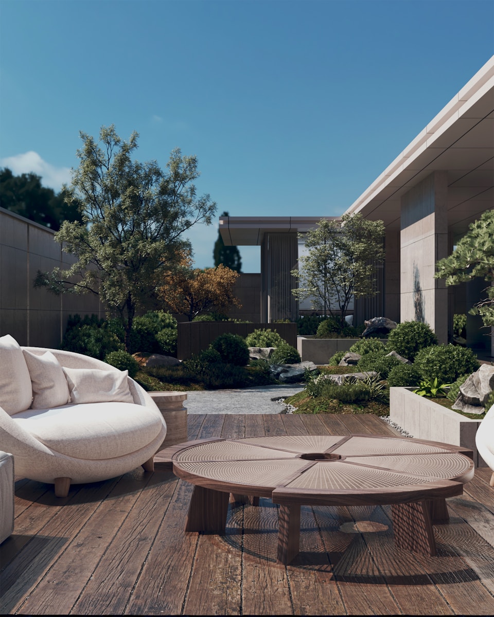 a patio with a table and chairs