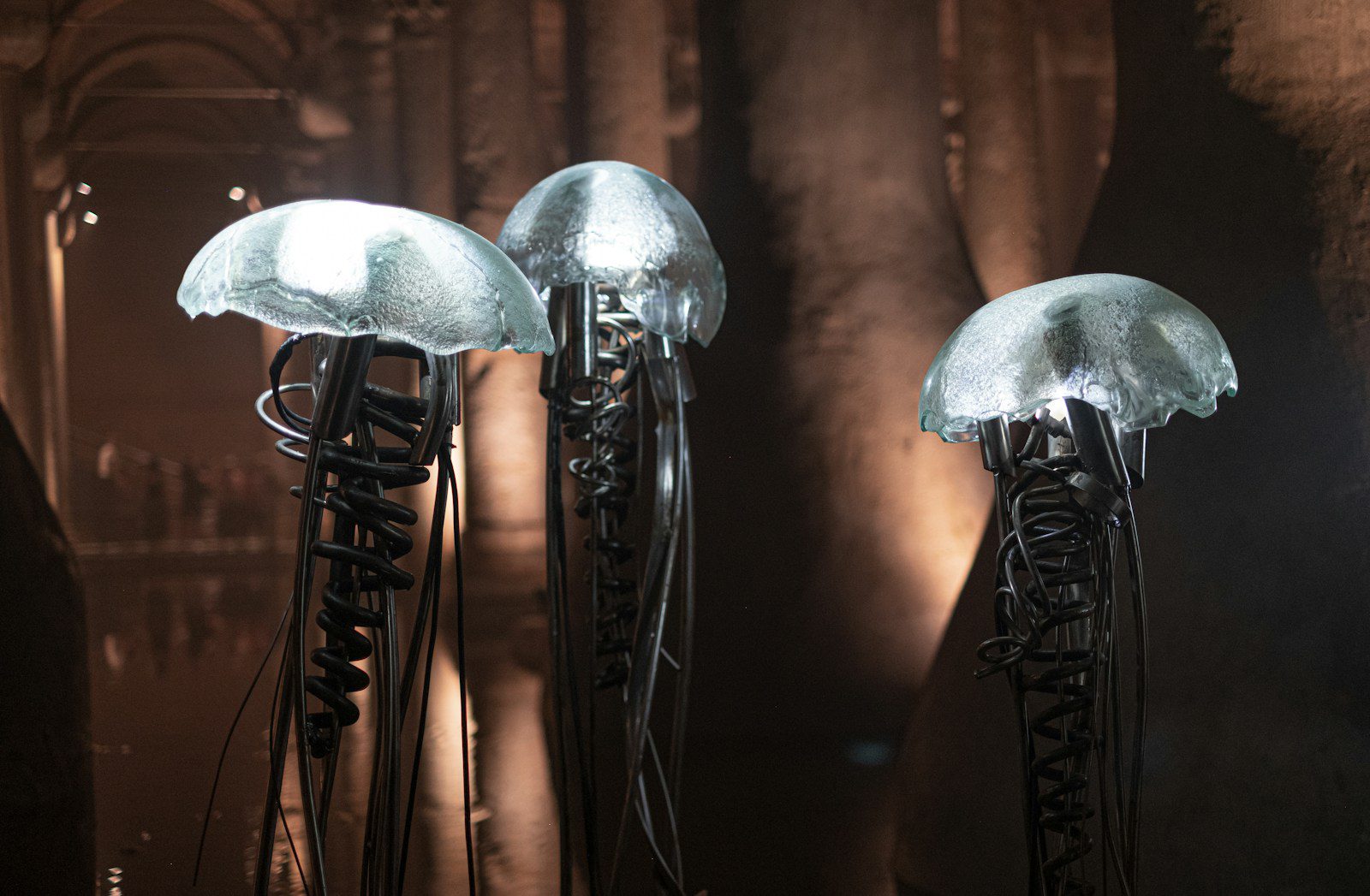 metal and glass sculptures or jellyfish