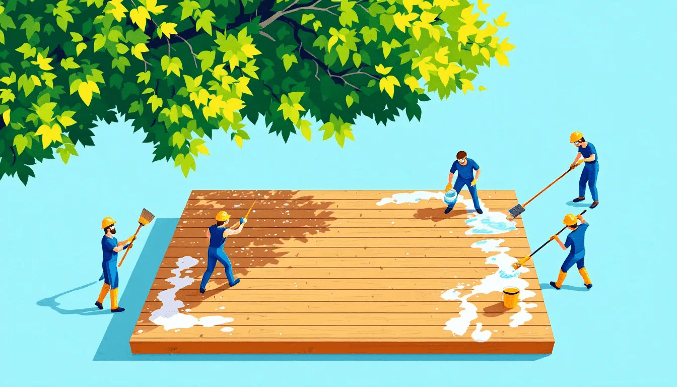 Cleaning and sealing a deck for maintenance.