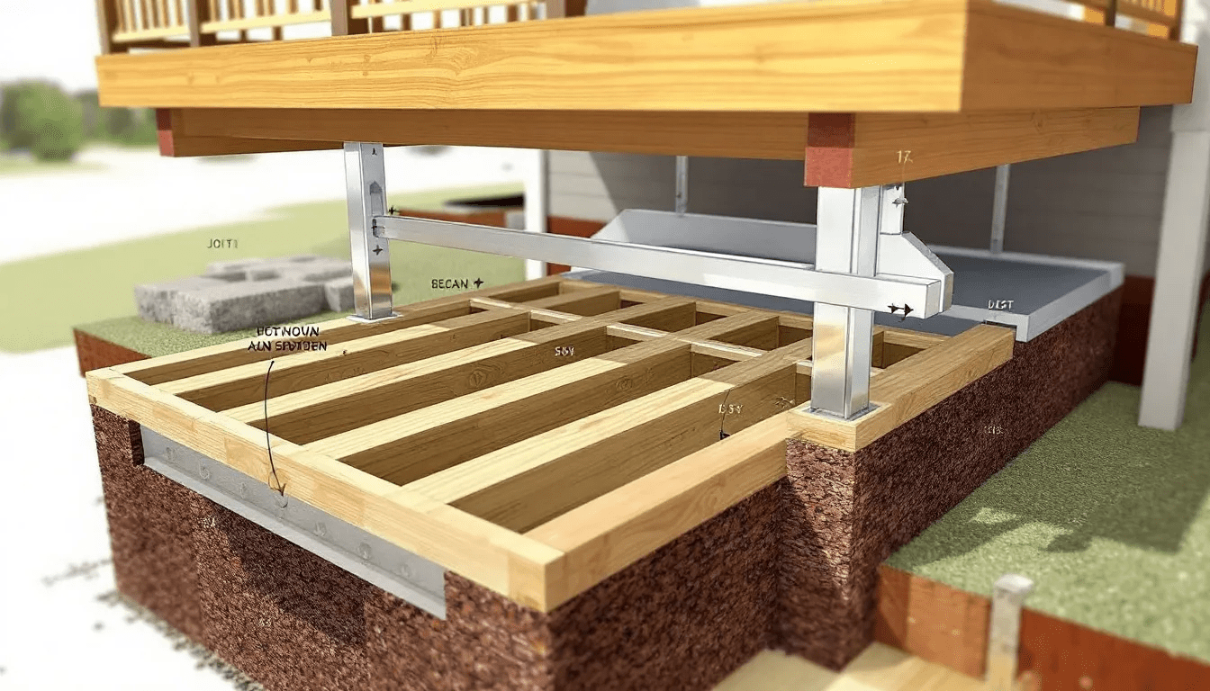 Inspecting the structural supports of a deck.